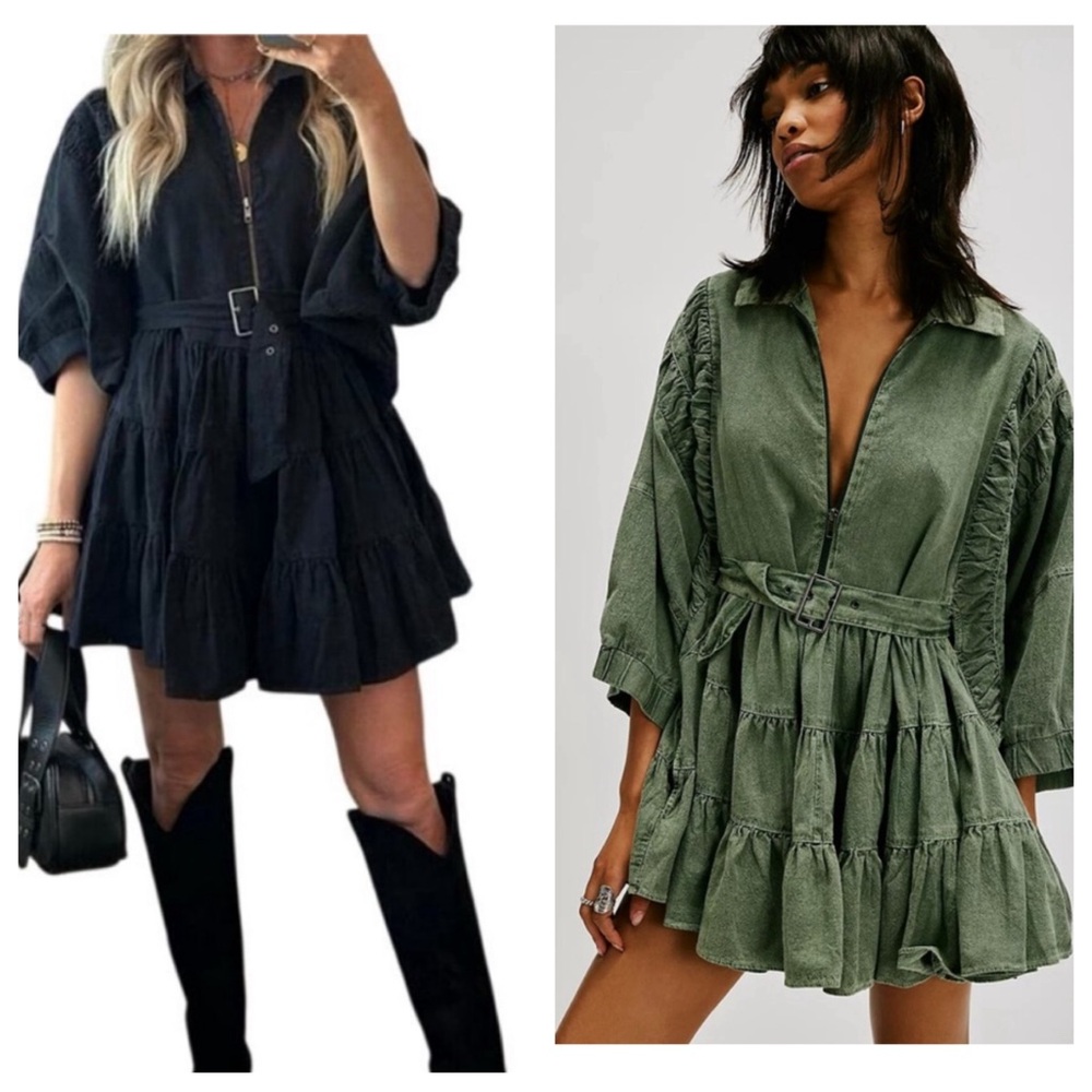 Free People Tiered Mini Dress in Black and Olive Green